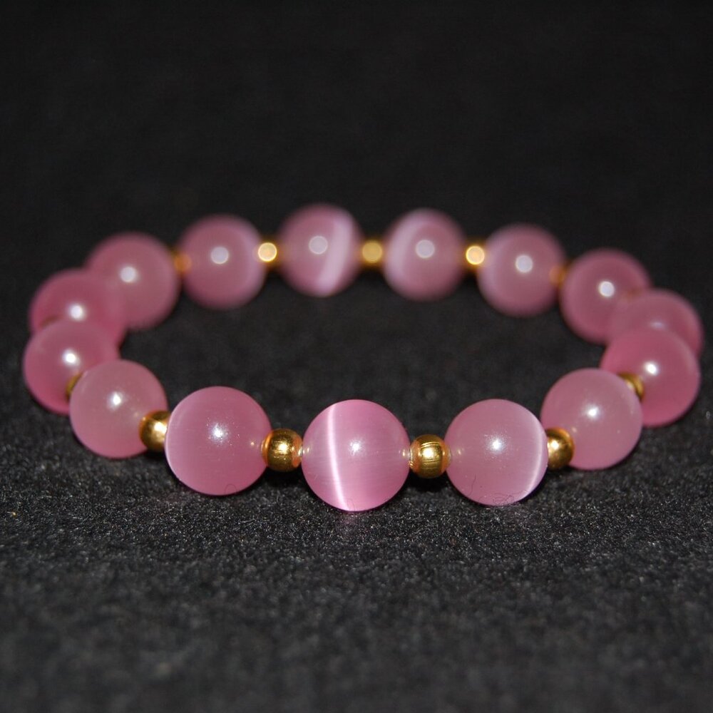 Pink Cat Eye Bracelet,Pink Bracelet,10mm Pink Cat Beaded Bracelet,Special,Lovely